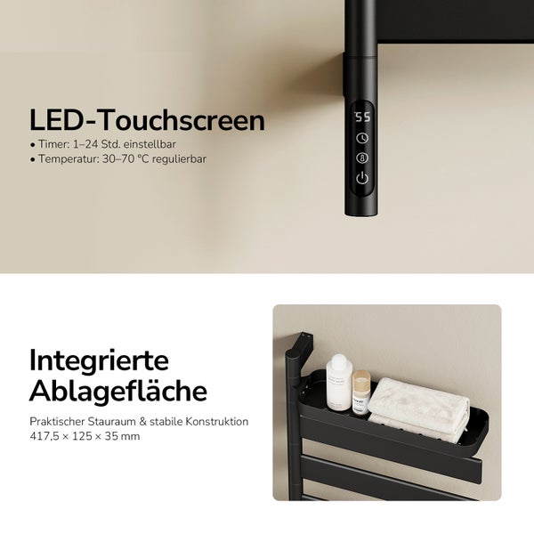 Handtuchheizkörper mit LED-Touchscreen für Timer und Temperatur sowie integrierter Ablagefläche von 417,5 mal 125 mal 35 Millimeter.