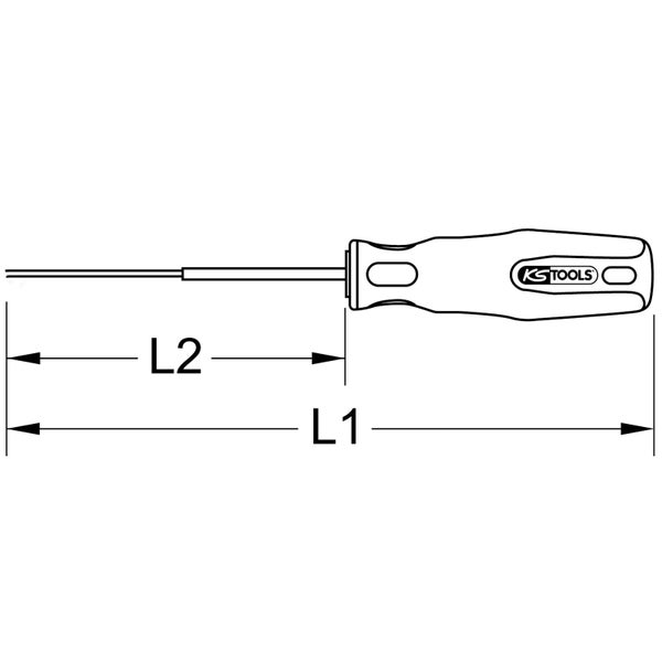Skizze eines Schraubendrehers mit Maßangaben und KS Tools Logo