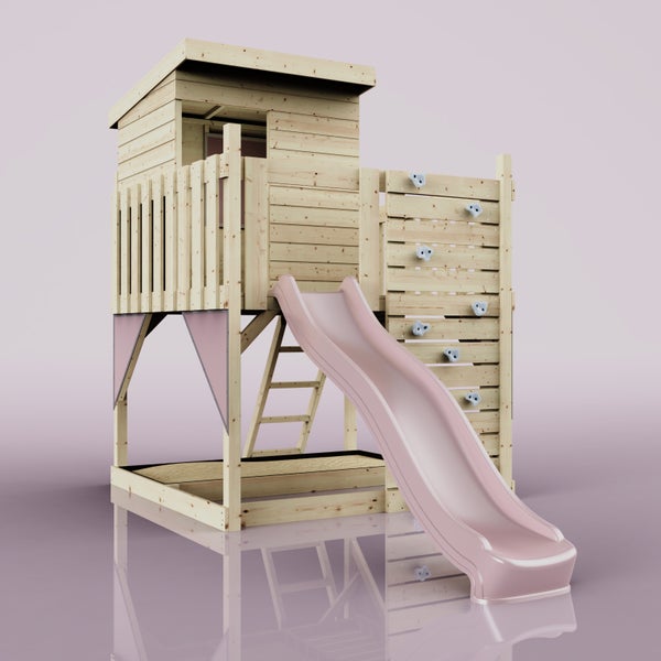 Kinderspielhaus aus Holz mit Rutsche, Kletterwand, Leiter und integriertem Sandkasten.