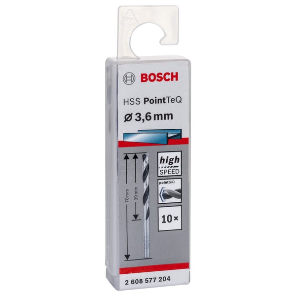 Bosch Logo. Packung mit zehn HSS PointTeQ Metallbohrern mit Durchmesser 3,6 Millimeter