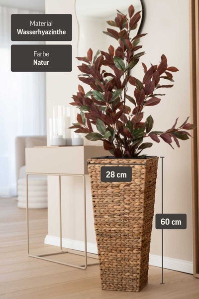 Quadratischer Pflanzkübel aus Wasserhyazinthe in Natur, 28 mal 60 Zentimeter, mit Pflanze in einem hellen, modern eingerichteten Zimmer.