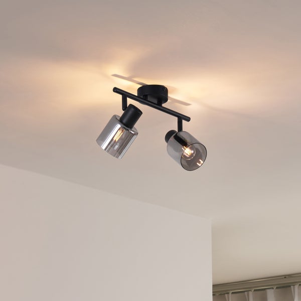 Moderne Deckenleuchte Schwarz mit runden Rauchglas 2-flammig - Cilin