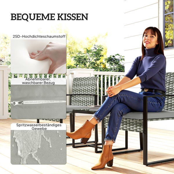 Frau auf Gartenstuhl mit Sitzkissen. Details zeigen dichten Schaumstoff, abnehmbaren Bezug und spritzwasserbeständiges Gewebe.