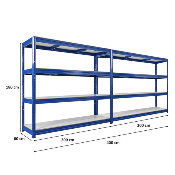 Blaues Schwerlastregal mit vier Regalböden und den Maßen 180 cm Höhe, 60 cm Tiefe und 400 cm Breite