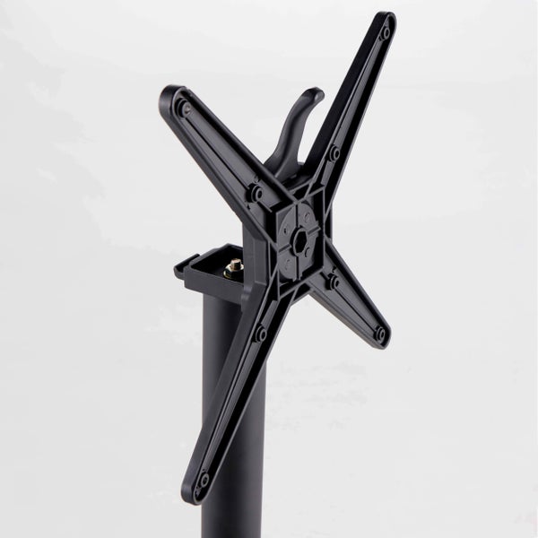 Schwarzes Bistrotisch-Gestell aus Metall mit vierarmiger klappbarer Tischplattenaufnahme und Hebel.