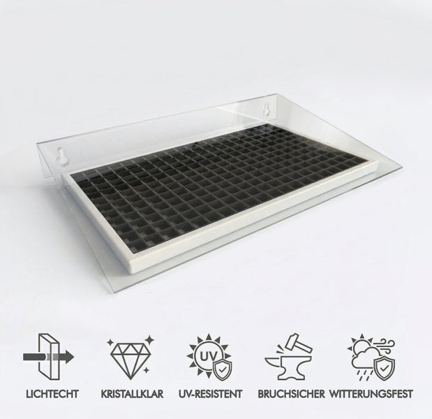 Transparente Abdeckung aus Acrylglas für Sammelkasten, lichtecht, kristallklar, UV-resistent, bruchsicher und witterungsfest.