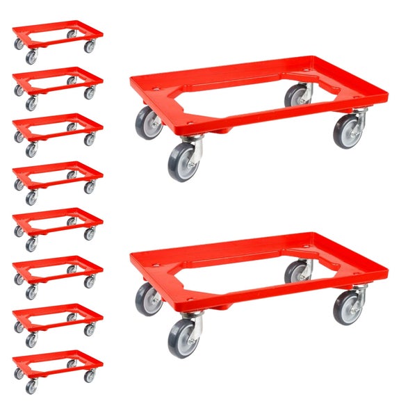 PROREGAL SparSet 10x Transportroller für Euroboxen 60 x 40 cm mit Gummiräder Rot Offenes Deck 2 Lenkrollen und 2 Bremsrollen Traglast 300 kg