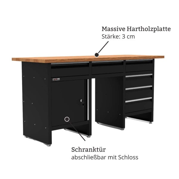Werkbank mit massiver Hartholzplatte drei Zentimeter Stärke und abschließbarer Schranktür für die Werkstatt