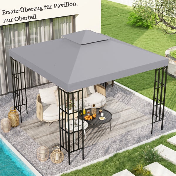 Grauer Ersatz-Überzug für das Oberteil eines Pavillondachs auf einem schwarzen Metallgestell in einem Garten mit Loungemöbeln und Pool.