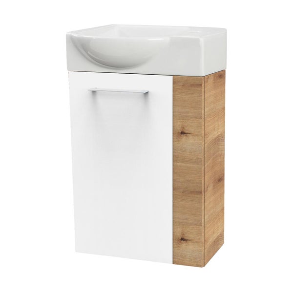 Fackelmann MILANO Gäste-WC Set 2 Teile – Waschtischunterschrank in Weiß mit Holz Braun mit Waschbecken aus Keramik – SBC Waschbeckenunterschrank schmal – Tür links – Hahnloch rechts – 45 cm breit