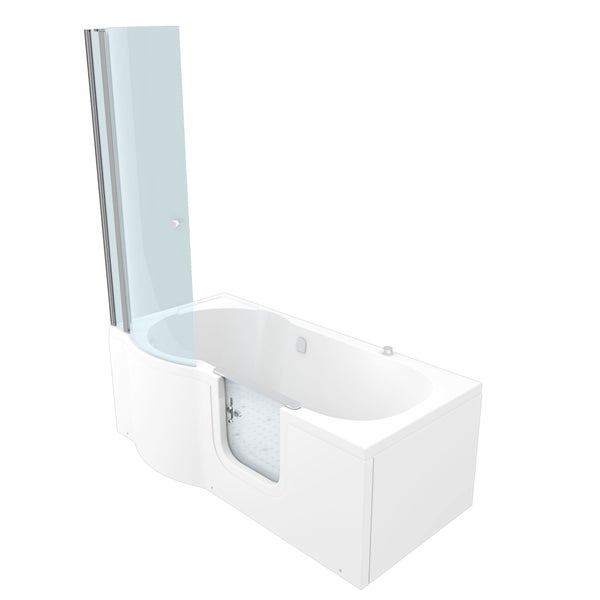 Begehbare Badewanne mit niedriger Einstiegstür, Glas-Duschwand und rutschhemmendem Boden.