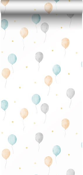 Kindertapete mit Luftballons und kleinen Sternen im Aquarell-Stil.