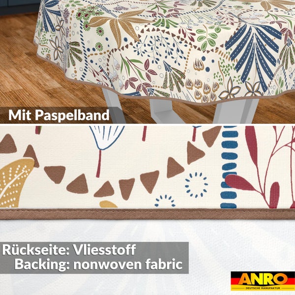 Runde Tischdecke mit floralem Blattmuster, Paspelband am Rand und Rückseite aus Vliesstoff. ANRO Logo.
