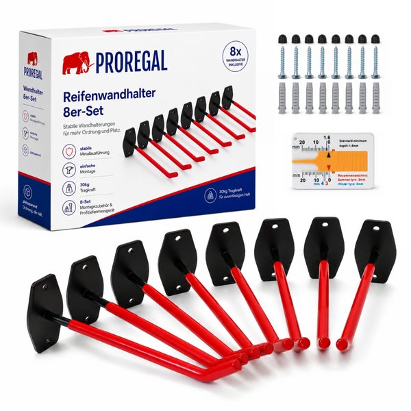 Proregal Reifenwandhalter Set mit acht Wandhaken inklusive Befestigungsmaterial und Reifenprofiltiefenmesser für eine platzsparende Reifenlagerung.