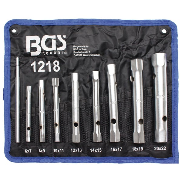 BGS Technic Rohrschlüssel Satz mit verschiedenen Größen in einer blauen Werkzeugtasche