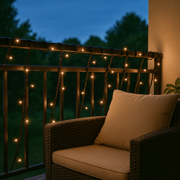 Balkonszene mit Lichterkette und Rattansessel