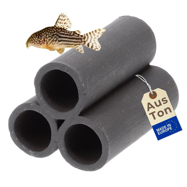 Aquarium-Dekoration aus dunklem Ton, drei verbundene Röhren als Versteck für Fische, hergestellt in Europa.