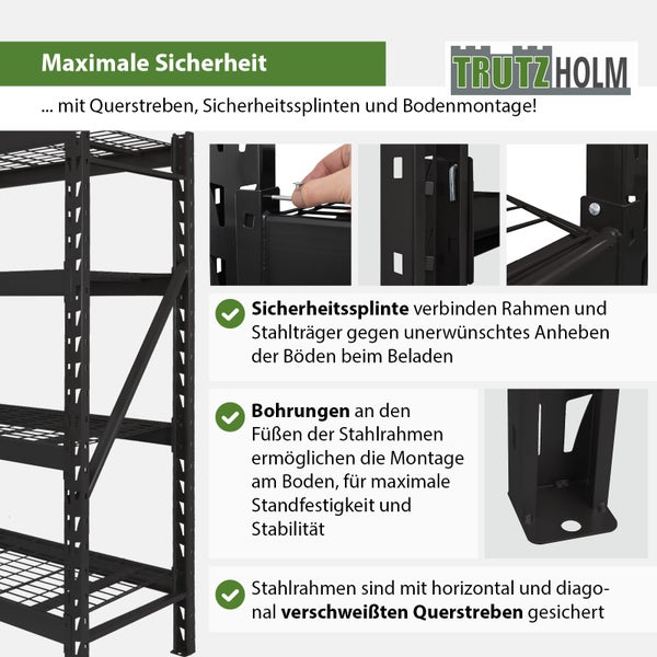 Detailansicht eines Stahlregals mit Sicherheitsmerkmalen und Trutzholm Logo
