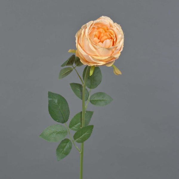 Künstliche Rose mit einer apricotfarbenen Blüte und grünem Stiel mit Blättern.