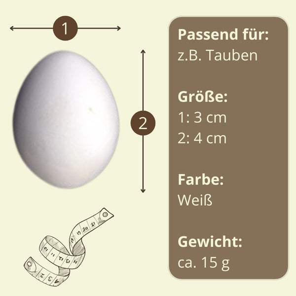 Taubenei mit Größenangaben, geeignet für Tauben, circa 3 mal 4 Zentimeter groß und circa 15 Gramm schwer
