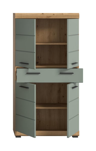 Ein moderner Mehrzweckschrank mit Einlegeböden, einer Schublade und Fronten mit Griffen in Holzoptik und matter Oberfläche.