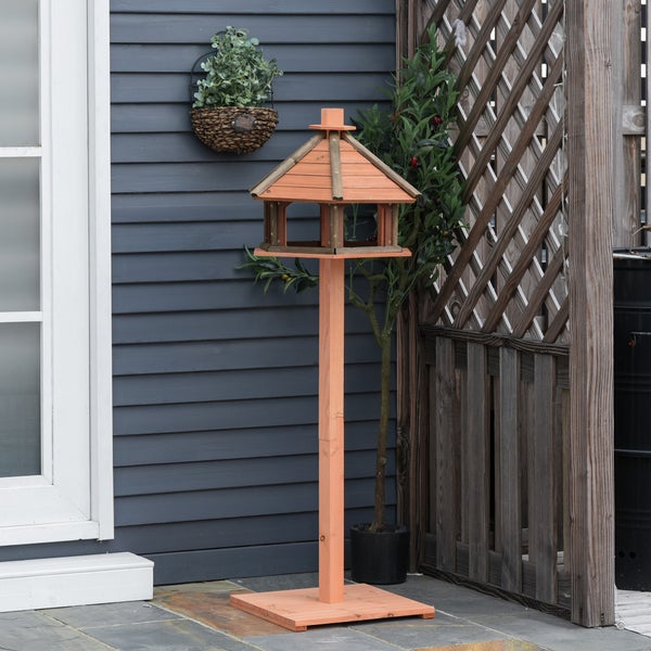 PawHut Vogelhaus hölzerner Vogelvilla Futterhaus Vogelständer Vogel-Tischvogelhaus Spielstand mit wasserfestem Dach für den Aussenbereich Natur Ø52 x 130H cm