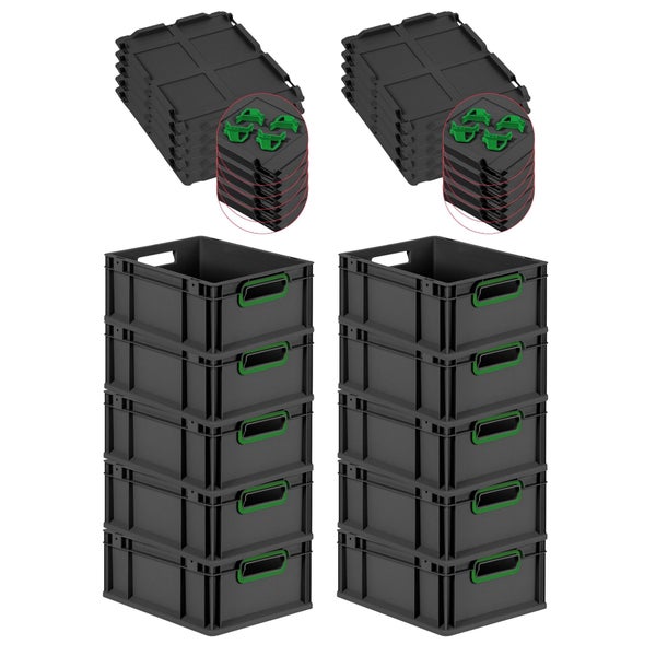 PROREGAL SuperSparSet 10x Eurobox NextGen Color mit Auflagedeckel und Schiebeschnappverschlüsse, HxBxT 17x30x40cm, 16 Liter, Schwarz, Griffe grün offen, Eurobehälter, Transportbox, Transportbehälter, Stapelbehälter