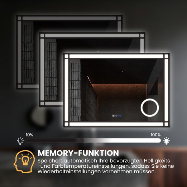 Beleuchteter Badezimmerspiegel mit Dimmfunktion und Memory Funktion zur Speicherung der Helligkeits und Farbtemperatureinstellungen.