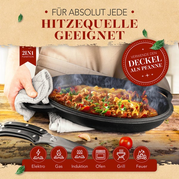 KRUSTENZAUBER 38cm Gusseisen Bräter mit Deckel backofengeeignet inkl. Geflügelschere - 9kg Gänsebräter - Idealer Topf XXL, Schmortopf Bratentopf, Induktion, Gusseisenpfanne