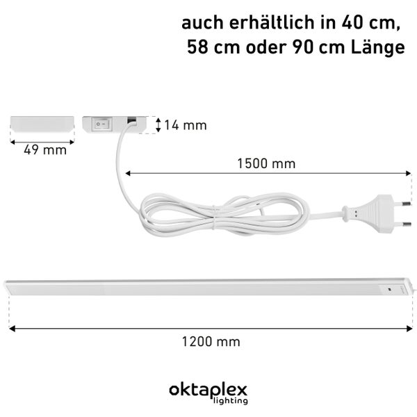 Abmessungen einer weißen Unterbauleuchte mit Schalter, Kabel und Stecker