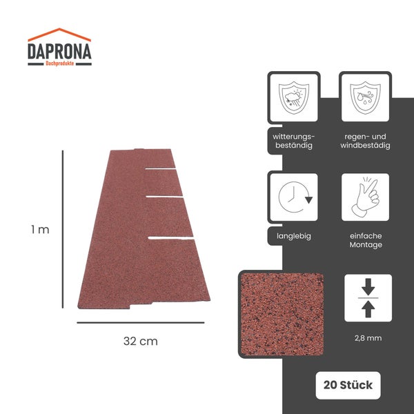 Daprona Logo, rote Bitumenschindeln 1 Meter mal 32 Zentimeter, 2,8 Millimeter dick, witterungsbeständig, langlebig, einfache Montage, 20 Stück.