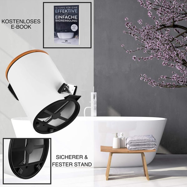 VMbathrooms 3L Kosmetikeimer in edlem weißem Design | Tretmülleimer mit Absenkautomatik (Soft Close) | Eleganter Eimer fürs Bad mit Innenbehälter und Bambus-Holzdeckel