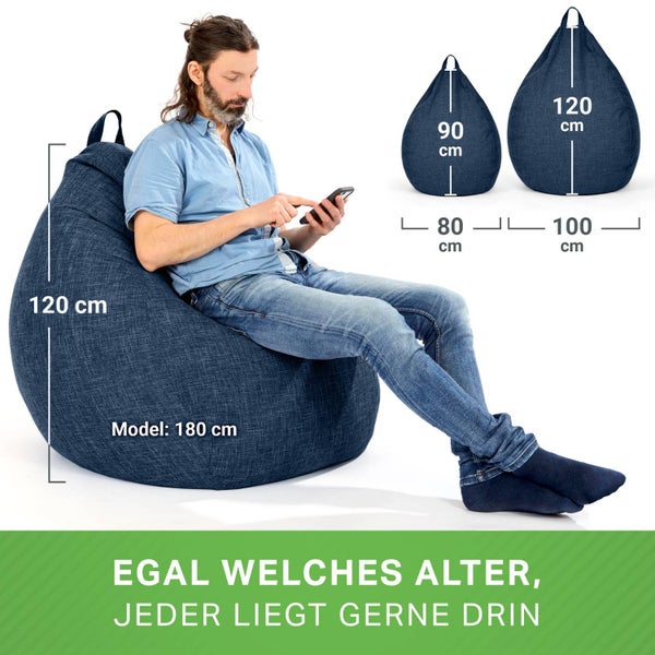Green Bean Indoor XXL Sitzsack mit 300 Liter mit EPS-Perlen Füllung - Kuschelig Weich Waschbar - Drinnen Stoff Bodenkissen Liegekissen Sitzkissen - Dunkelblau Navy