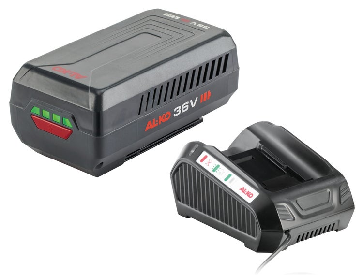 AL-KO Akku und Ladegerät Set mit einem 36 Volt Akku mit 4 Amperestunden Kapazität.
