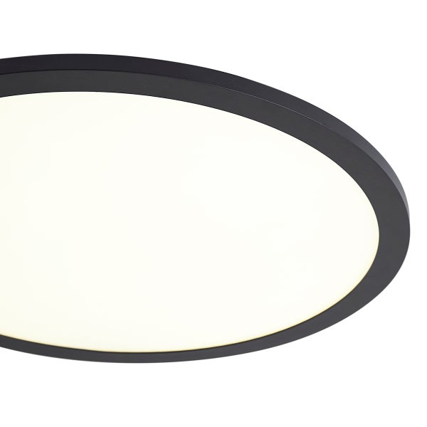 Runde LED-Deckenleuchte mit schwarzem Rahmen und weißer Leuchtfläche.