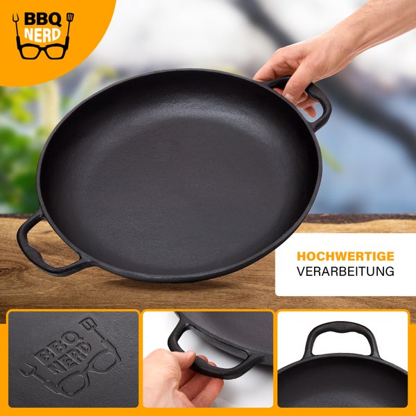 BBQ Nerd Paellapfanne aus Gusseisen Ø 36 cm (6 Personen) | Antihaftpfanne mit Flachboden für traditionelle spanische Paella | Gusspfanne für Grill Feuerstelle Herd einschl. Induktion