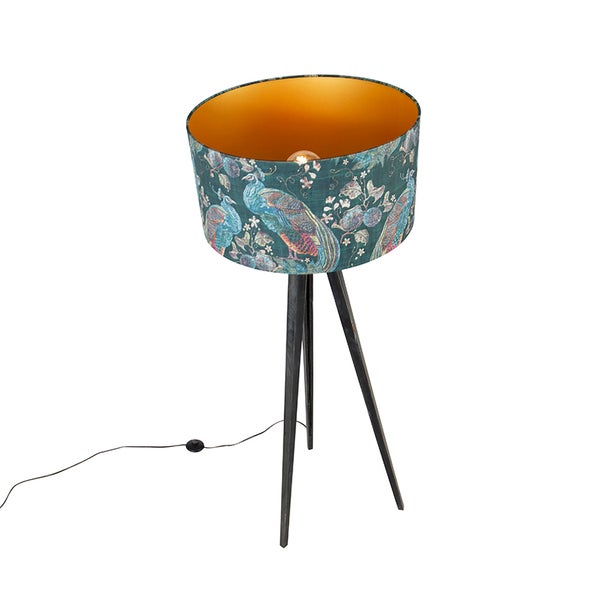Stehlampe mit Lampenschirm, Pfauenmuster und Dreibeinstativ