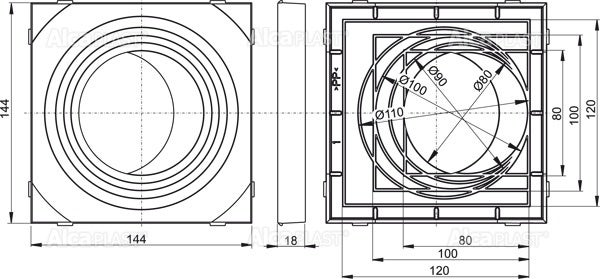 Technische Zeichnung eines quadratischen AlcaPLAST Abflussrahmens, 144 mal 144 Millimeter, mit verschiedenen runden Durchmessern.