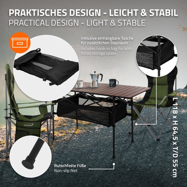 Hauki Campingtisch faltbar Braun, 118 x 55 x 64,5 cm, Aluminium Klapptisch, Aufrollbare Tischplatte, Falttisch klappbar, Gartentisch Balkontisch Reisetisch Rolltisch Markttisch inkl. Tragetasche