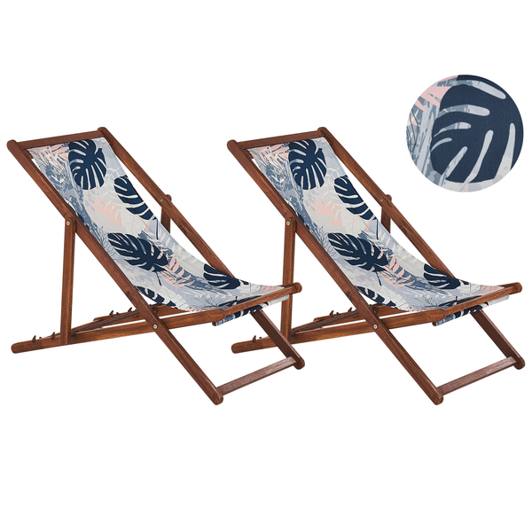 Set mit 2 klappbaren Liegestühlen ANZIO mit Ersatzstoffen Blumenmuster Akazienholz Dunkelbraun