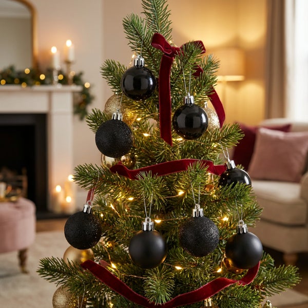 Geschmückter Weihnachtsbaum mit schwarzen und goldfarbenen Christbaumkugeln und rotem Samtband in einem gemütlichen Wohnzimmer.
