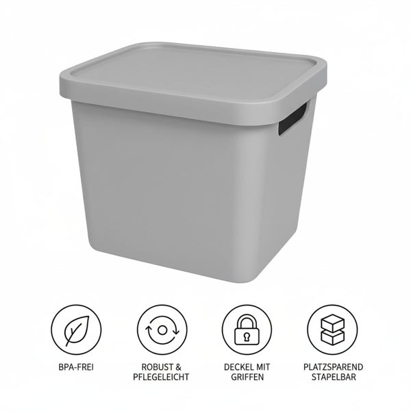 Grauer Aufbewahrungsbehälter mit Deckel und Tragegriffen