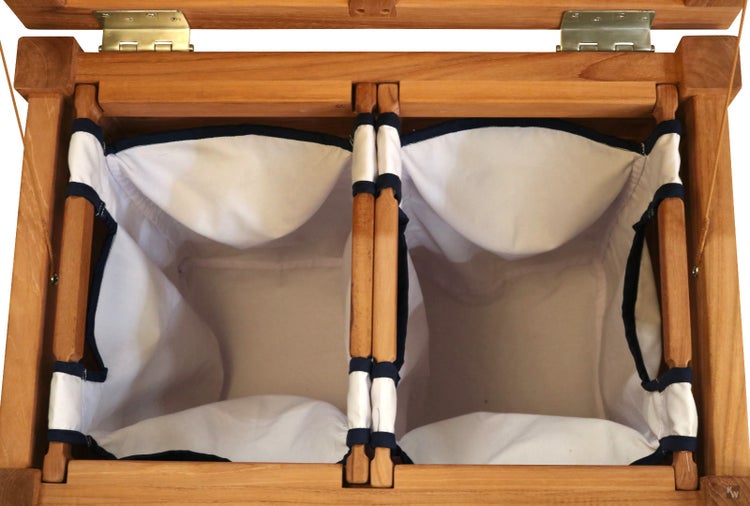 Wäschebox aus Holz mit zwei Fächern und Stoffeinsätzen