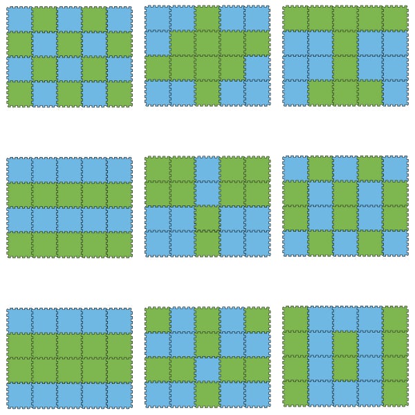 Neun verschiedene Verlegemuster für ineinandergreifende grüne und blaue Puzzlematten aus Schaumstoff.