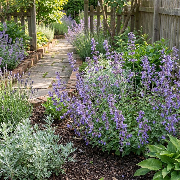 Angelegter Gartenweg aus Natursteinplatten mit Beeteinfassung aus Ziegeln, bepflanzt mit violett blühender Katzenminze und Lavendel am Holzzaun.