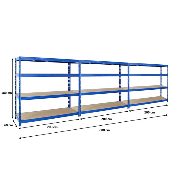 PROREGAL Mega Deal 3x Profi Schwerlastregal Rhino HxBxT 180 x 200 x 60 cm 4 Spanplatten-Ebenen 16mm Fachlast 500 kg Blau