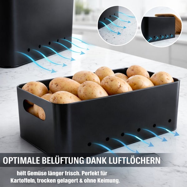 Kartoffelbox aus Metall mit Belüftungslöchern für optimale Lagerung von Gemüse zur Vermeidung von Keimbildung.