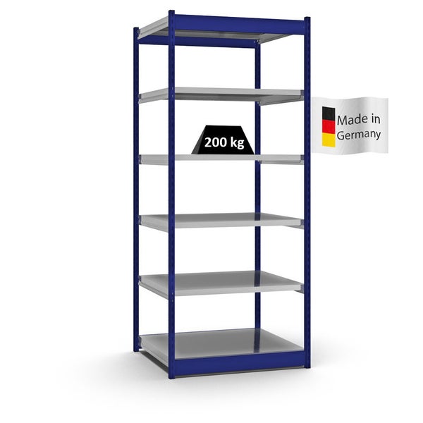 PROREGAL Fachbodenregal Stecksystem Vierkant-Profil Grundregal HxBxT 250 x 102,5 x 80 cm 6 Ebenen Einseitige Bauart Fachlast 200 kg Enzianblau