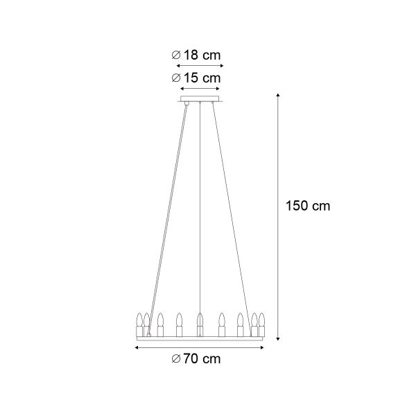 Technische Zeichnung einer Pendelleuchte mit Maßangaben: 70 Zentimeter Durchmesser und 150 Zentimeter Gesamthöhe.