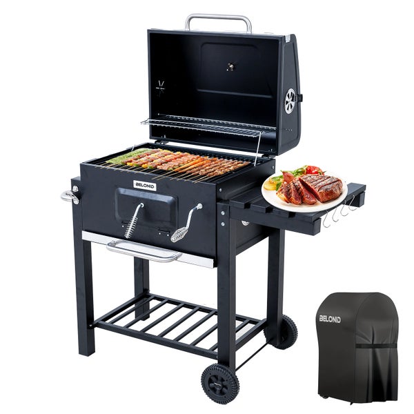 BELONID Holzkohlegrill mit Deckel, Grillfläche: 56×42.5 cm, Höhenverstellbare Kohlenwanne, Faltbarer Seitentisch, Mit Grillabdeckungen Wasserfest